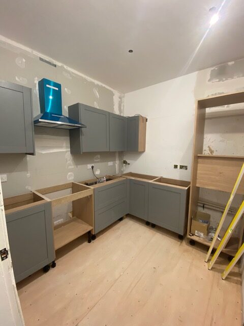 Glasgow kitchen renovation mid-install with carcasses fitted and no doors yet