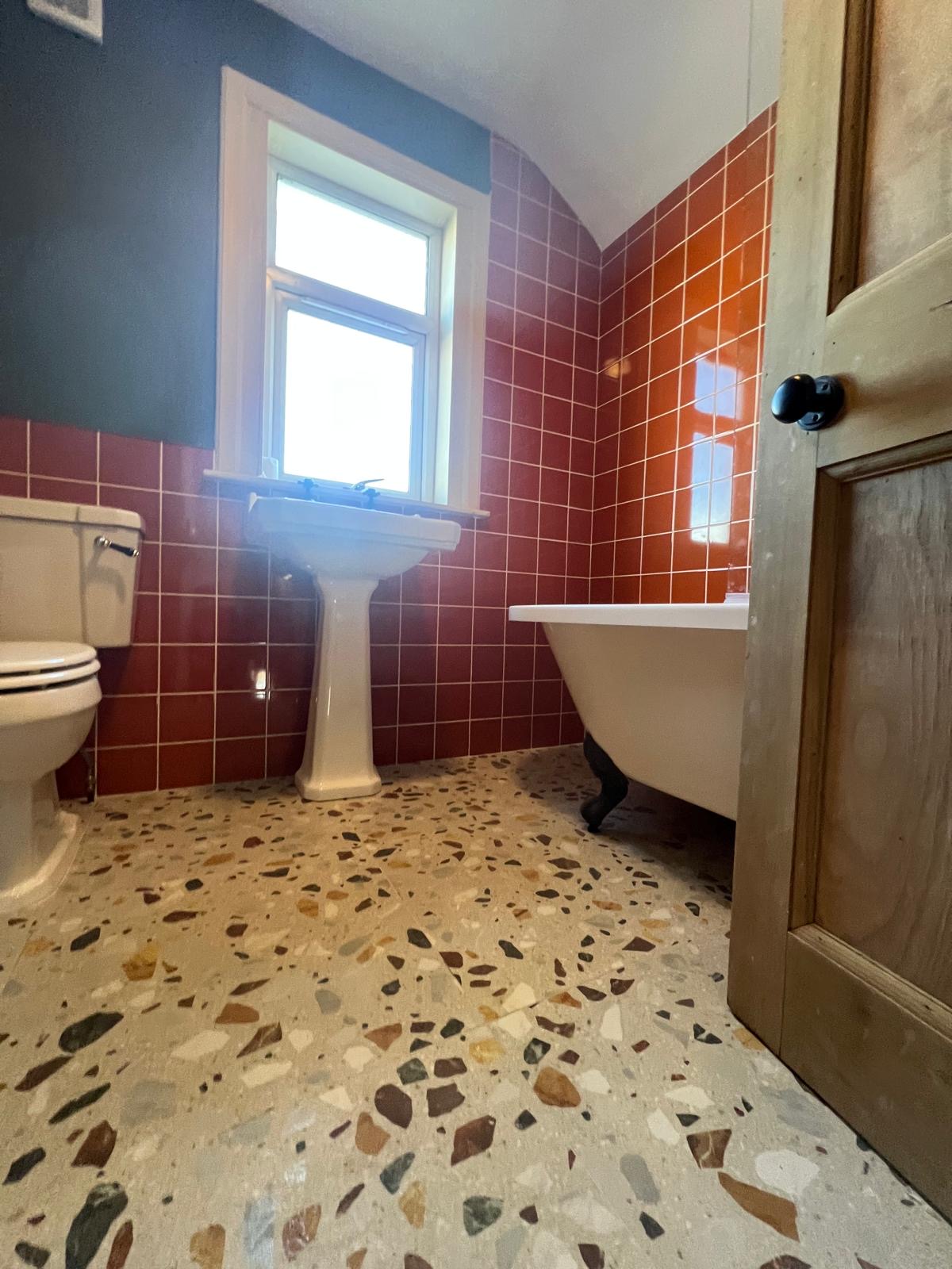 Bathroom renovation Newton Mearns with vanity unit and tiled walls