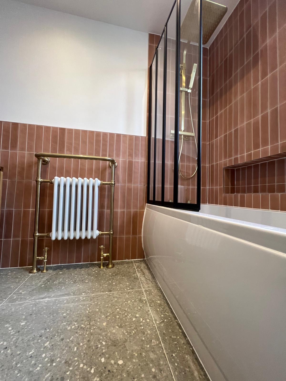 Terracotta bathroom renovation Glasgow - metro tiles and walk-in shower