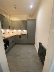 Grey shaker kitchen with oak worktops fitted in Glasgow by Home Decor Zone